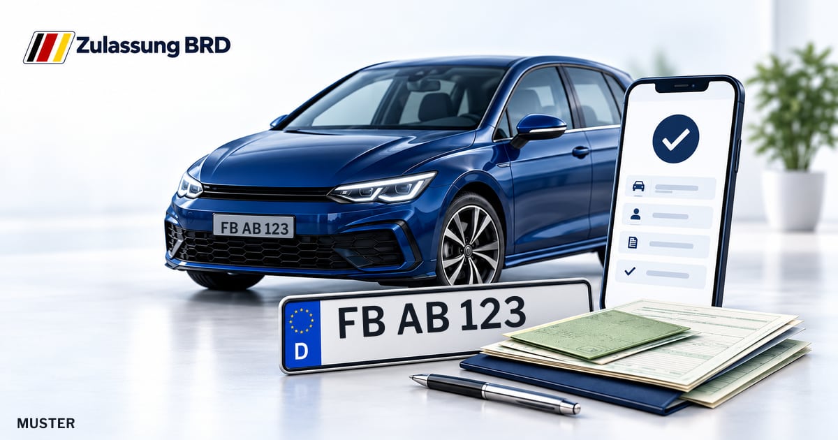 Online Fahrzeugzulassung in Ortenberg: Musterkennzeichen FB AB 123, Auto und Fahrzeugpapiere und Smartphone. Illustration mit Logo von Zulassung BRD.